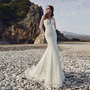 Elegant Wedding Dress Lace V-Neck Mermaid Ivory White Long Sleeves